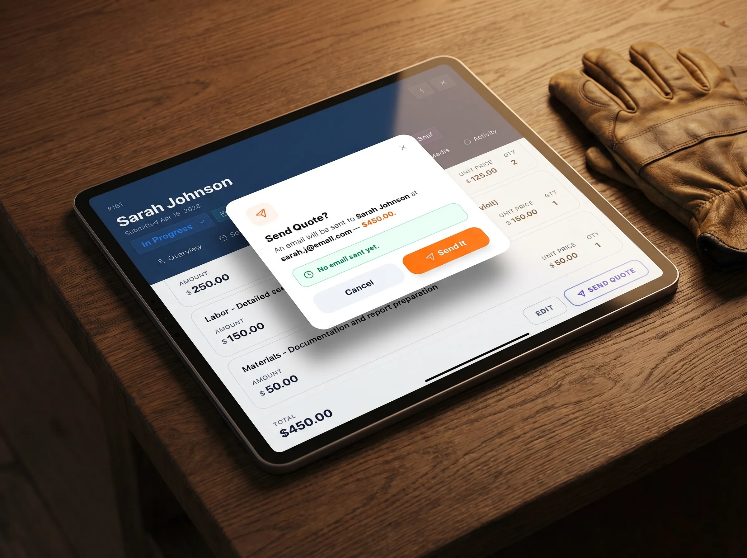 Sending a quote on tablet